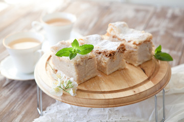 Balkan cremschnitte pie. Croatian cake krempita, slice of puff dough with cream