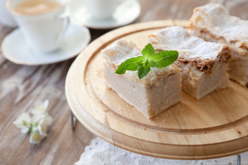 Balkan cremschnitte pie. Croatian cake krempita, slice of puff dough with cream