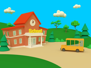 School building and yellow bus with green summer beautiful landscape. Back to school. Volumetric style illustration. 3D render..