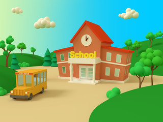 School building and yellow bus with green summer beautiful landscape. Back to school. Volumetric style illustration. 3D render..