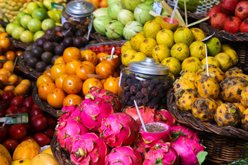 Colorful tropical fruits in Funchail market Madeira