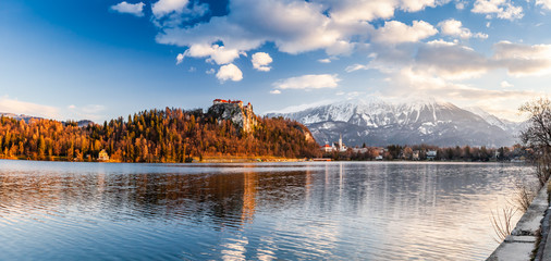 Colorful summer scene on the Bled lake with medieval castle Blejski grad. Morning in Julian Slovenia, Europe.