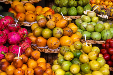 Passion fruit, dragon fruit and annona on Funchail market