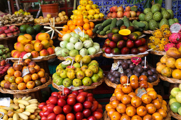 Various tropical fruits in Funchail marketplace in Madeira island