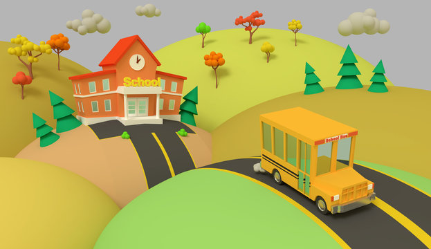 School building and yellow bus with autumn beautiful landscape. Back to school. Volumetric style illustration. 3D render.