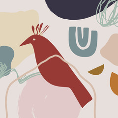 Modern collage pattern with bird. Scandinavian style nursery print. Nordic design for interior and other. Vector EPS