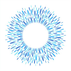 Round frame with empty space for text. Circle, ring shape made of firework salute sparks, rays or water drops, raindrops, droplets. Shades of blue abstract radial spatter, splash, splatter background.