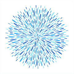 Obraz premium Circle made of uneven long sparks, rays, drops, droplets, raindrops of various size. Round firework, salute shape. Radial blue water spatter, splatter background. Template for borders, design element.