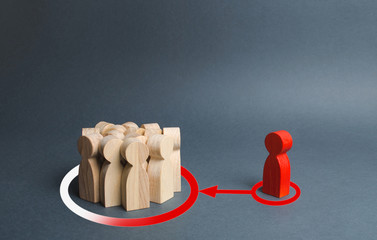 The red figure of a person exerts influence and pressure on a group of people in order to change...