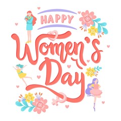 International Women's Day Text Calligraphy with Flower . Women Icon Greeting Card - Vector