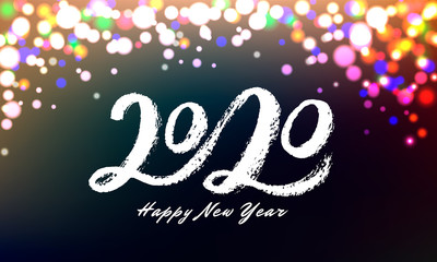 2020 Happy New Year banner with color lights background. Festive concept with realistic effects. Vector illustration for design of new year party, sale, greeting card