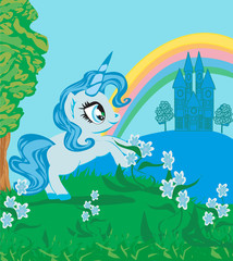 Fairytale landscape with magic castle and unicorn