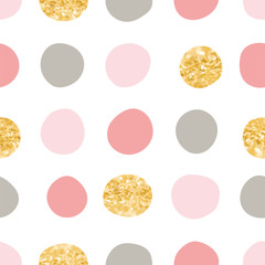 Pink and gold circles seamless pattern - glitter dots, white background, Great for Valentines Day or wedding invitations, cards, backgrounds, gifts, packaging design projects. 