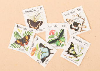 AUSTRALIA - CIRCA 1980: Stamps printed in Australia showing butterflies, circa 1980