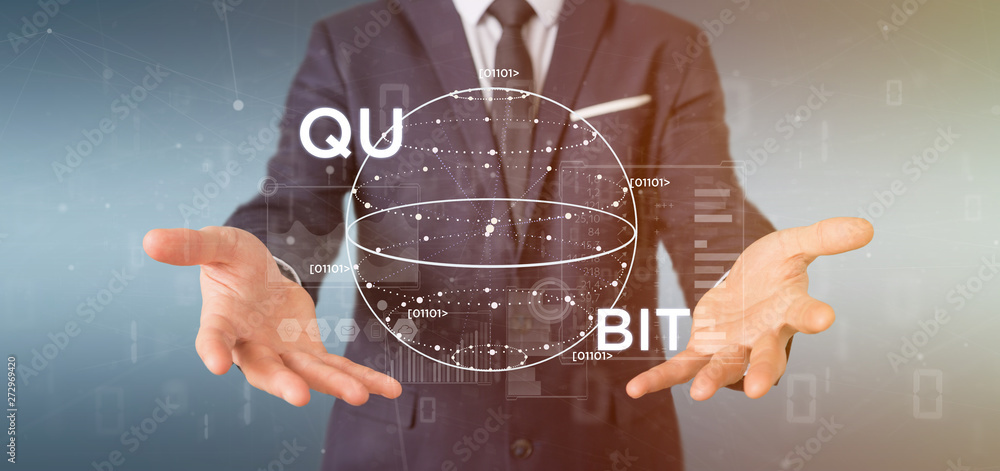 Poster businessman holding quantum computing concept with qubit icon 3d rendering