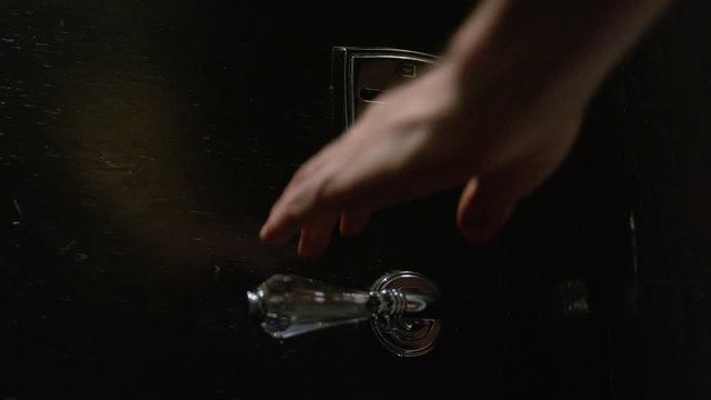 Traveller Opens Hotel Door With A Card Key, Steps Inside The Room. Slow motion