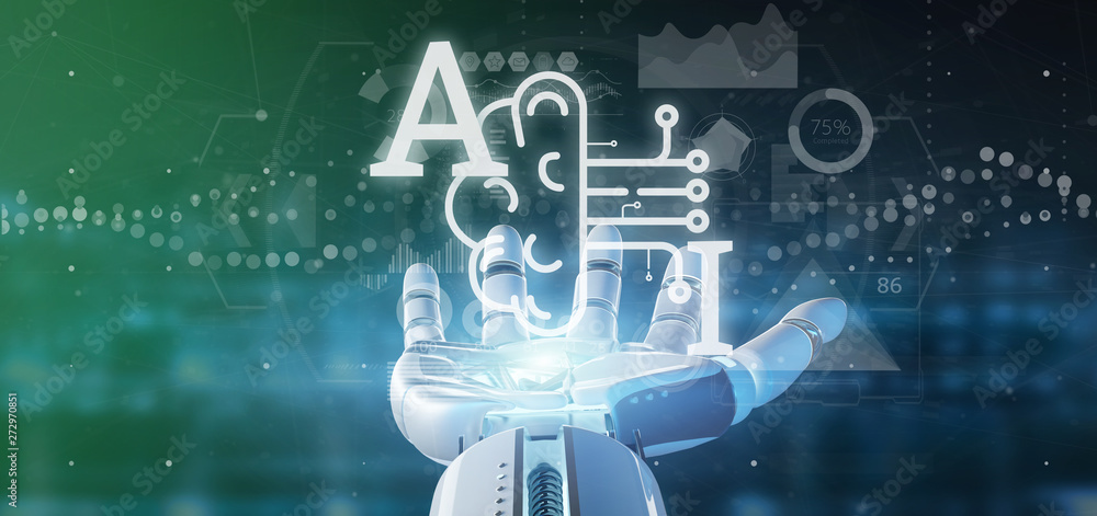 Aufkleber cyborg hand holding artificial intelligence icon with half brain and half circuit 3d rendering