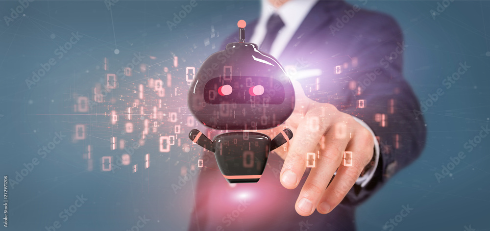 Poster businessman holding virus chatbot with binary code 3d rendering