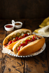 Homemade hot dogs with pickles