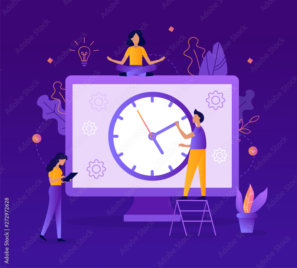 Poster people are working on a schedule for the project. big clock. time management concept. flat vector il