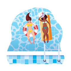 interracial girls with swimsuit and lifeguard float in water