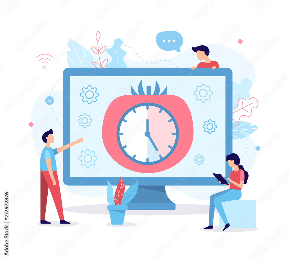 Aufkleber developers use the pomodoro technique to work. time management concept. flat vector illustration.