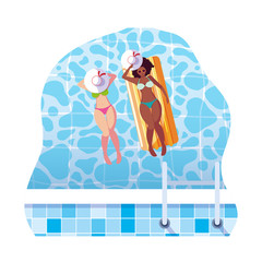 beautiful interracial girls with float mattress in water
