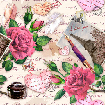 Hand written notes I love you , pen, ink bottle, paper hearts, vintage photo of Eiffel Tower, rose flowers, postal stamps. Repeated pattern about France, Paris for Valentine day, wedding design