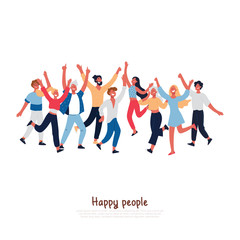 Fototapeta premium Happy people with joyful gesturing, smiling adults, excited young boys, girls jumping, music festival visitors dancing banner
