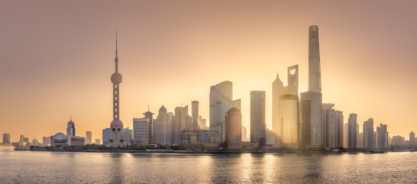 Sunrise view of Shanghai skyline with sunshine