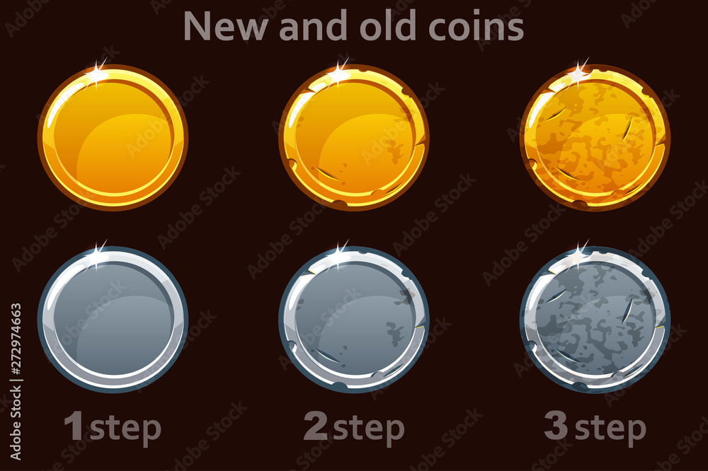 Wall mural coin icon. vector gold and silver coins. 3 steps of drawing a coin from new to old. icons on a separ