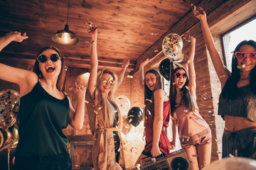 Photo of five ecstatic funny funky cool swag charming laughing nice positive glad girls having...