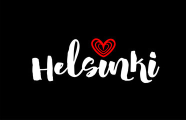 Fototapeta na wymiar Helsinki city on black background with red heart for logo icon design