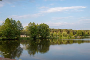 Landscape of a beautiful superficial blue lake surrounded by forest in the central part of Poland on a sunny summer day.