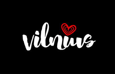Vilnius city on black background with red heart for logo icon design