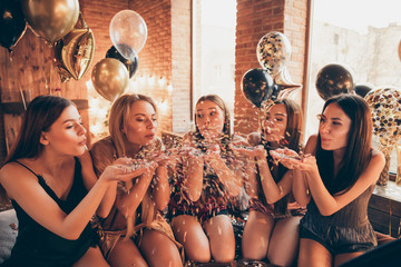 Rest social gathering meeting enjoy night out hanging glamour. Photo of five attractive lovely cute sweet nice romantic ladies holding sequins hands palms sitting in circle on sheets in loft interior