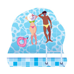 interracial couple with swimsuit floating in water