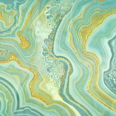abstract background, fashion fake stone texture, green onyx jade agate or marble slab with gold glitter veins, wavy lines, painted artificial marbled surface, artistic marbling illustration © wacomka