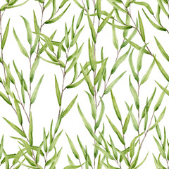 Seamless pattern of watercolor sprigs of eucalyptus nicholii. Isolated hand painted green leaves on white perfect for card making, wallpaper, design and fabric textile. Illustration