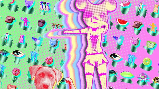 Seamless young animation of cartoon dog bodybuilders and mouse head dollies with duotono colors and halftone effect. Stop motion photo montage nonsense art collage background.