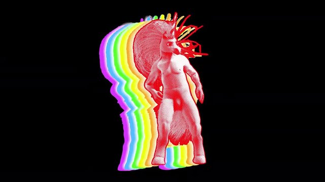 Seamless funny animation of a crazy unicorn dancing with rainbow shadow isolated with alpha channel.