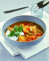 Sauerkraut soup with paprika, minced meat and onions