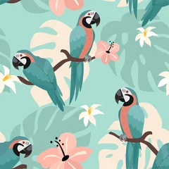 Photo sur Plexiglas Jungle  chambre des enfants Motif tropical avec des perroquets et des feuilles tropicales. Texture transparente de vecteur. Illustration à la mode.