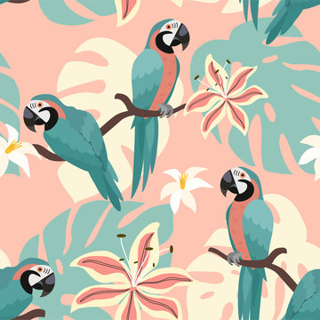 Tropical pattern with parrots and tropical leaves. Vector seamless texture. Trendy Illustration.