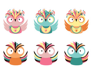 Multicolored color owls with flowers on a white background. Cute vector illustration for babyshower, cards, invitations, stickers, posters, wallpapers.