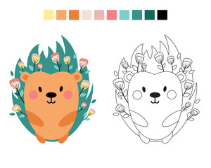 Hedgehog with flowers. Coloring book. A game for children. Child development. Illustration in cartoon style on a white background.