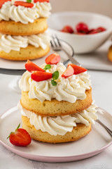 Strawberry cake with vanilla cream on white background. Copy space.