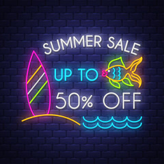 Summer sale banner. Neon sign lettering.