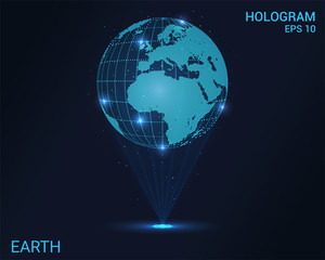 The hologram of the earth. Holographic projection 3D model of the earth. Flickering energy flux of particles.
