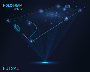 Hologram Futsal. Holographic projection of Futsal. Flickering energy flux of particles. The scientific design of the sport.